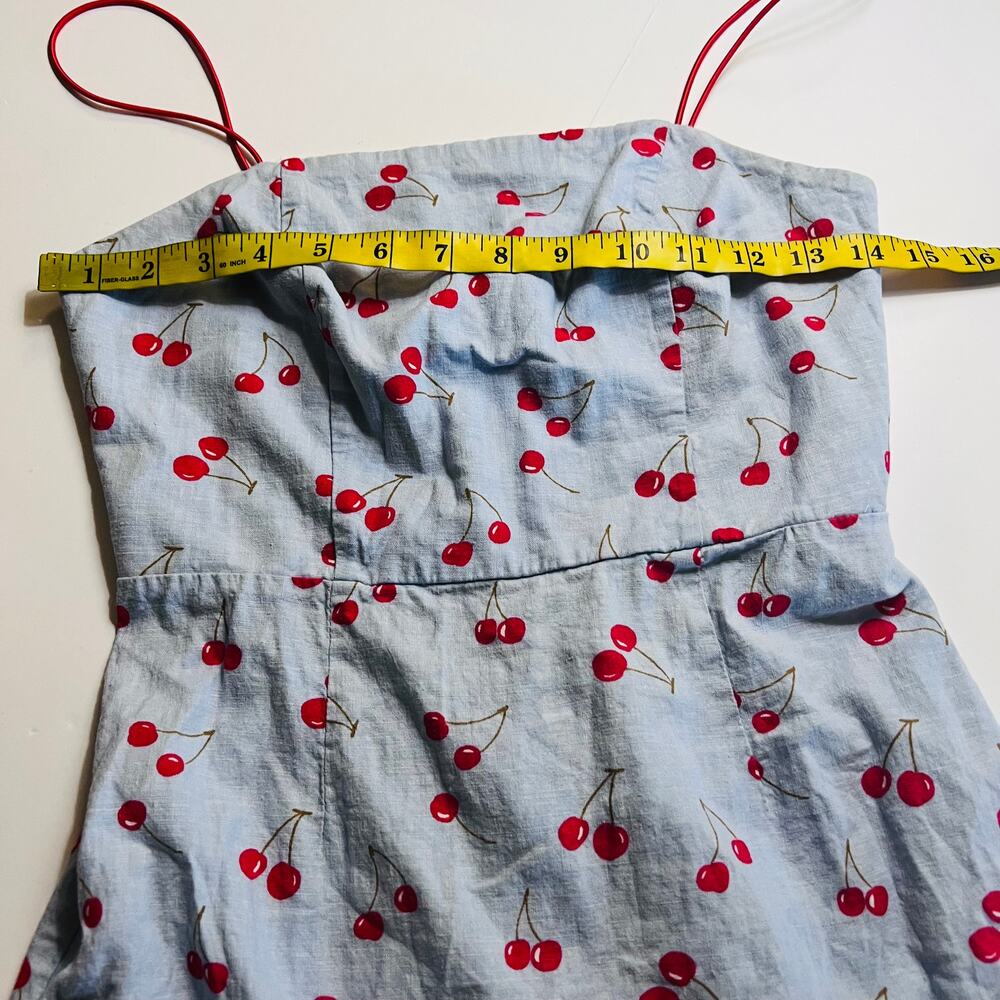 Urban Outfitters Linen Blend Cherry Print Spagetti Mini Dress Size 2 Blue Red - Picture 7 of 12